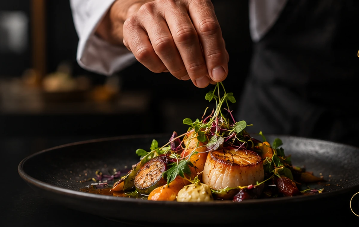 Chef finishing a plated dish